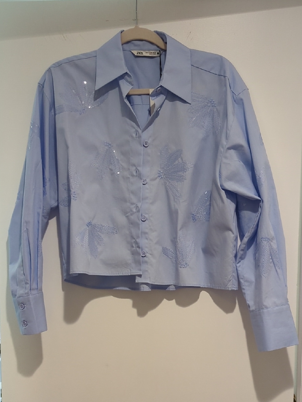 Zara Pastel Blue Embellished Button-Down Shirt